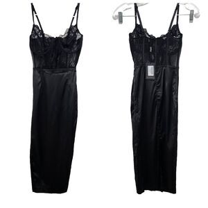 Love & Other Things Sheer Lace Bodice Black Midi Dress NWT Womens Size XS Sexy